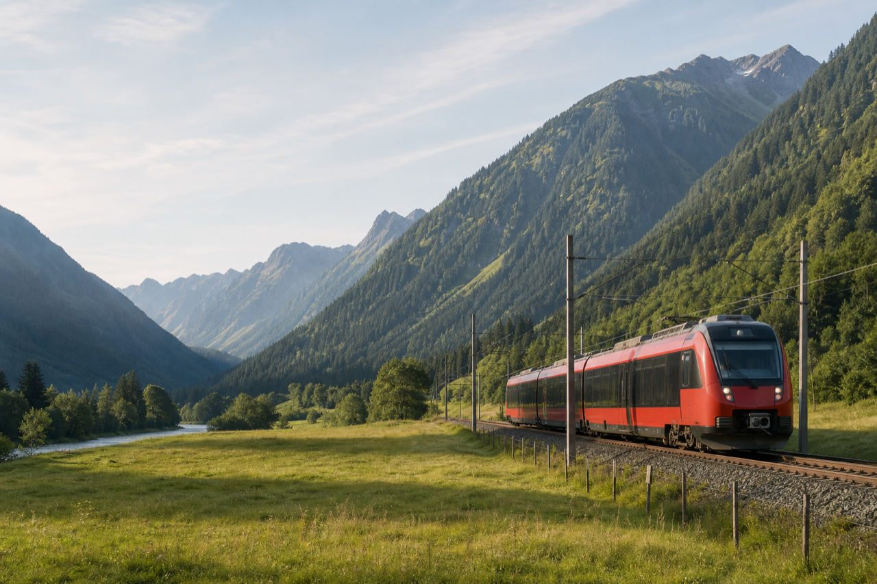 Regionalzug auf der Fahrt durch ein grünes Alpental