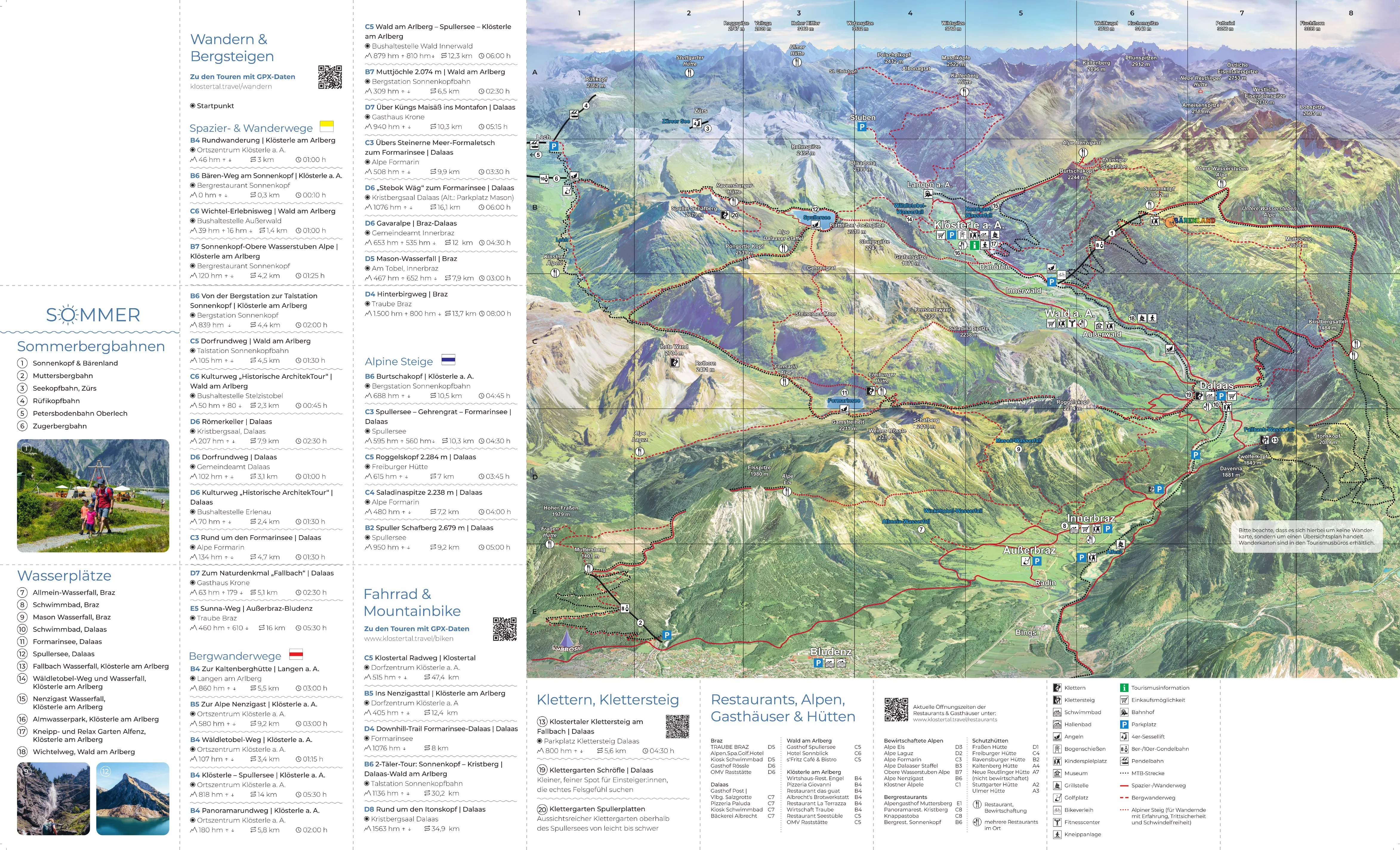 Sommerseite des Erlebnisraumplans Klostertal 2026 mit Wander- und Radrouten, Seen und Bergbahnen