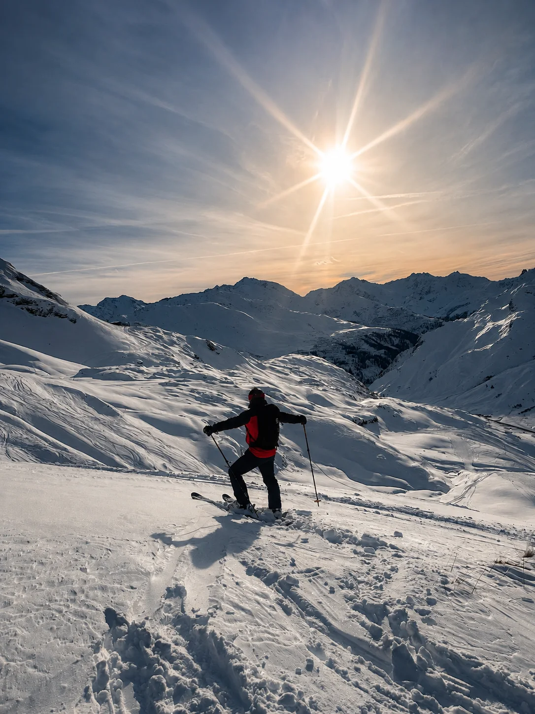 Skifahrer über den verschneiten Arlberger Bergen